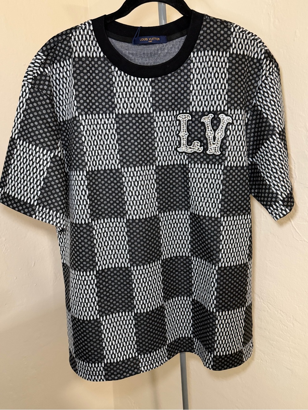 Men's Black & White Check Crewneck Sweater with Embellished LV Patch